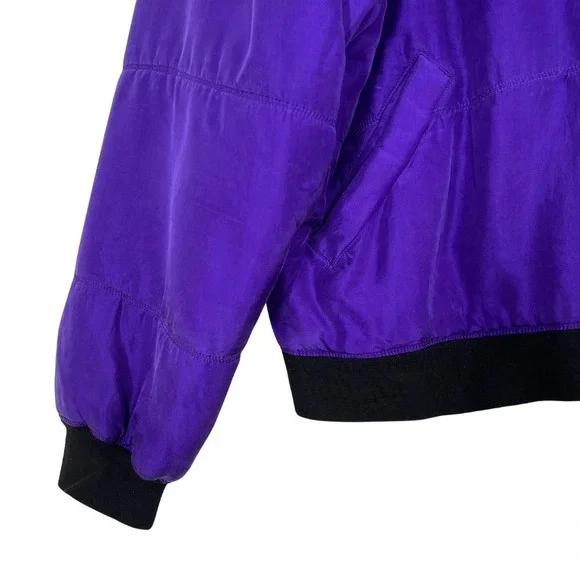 Vintage 80s CLIO‎ 100% Silk Purple Bomber Jacket Sz L Quilted Quiet Luxury Y2K - Picture 6 of 9